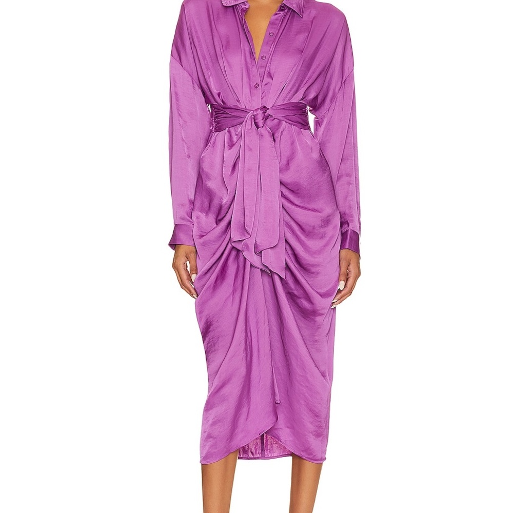 Elegant Purple Satin Ruched Dress long sleeve size Large